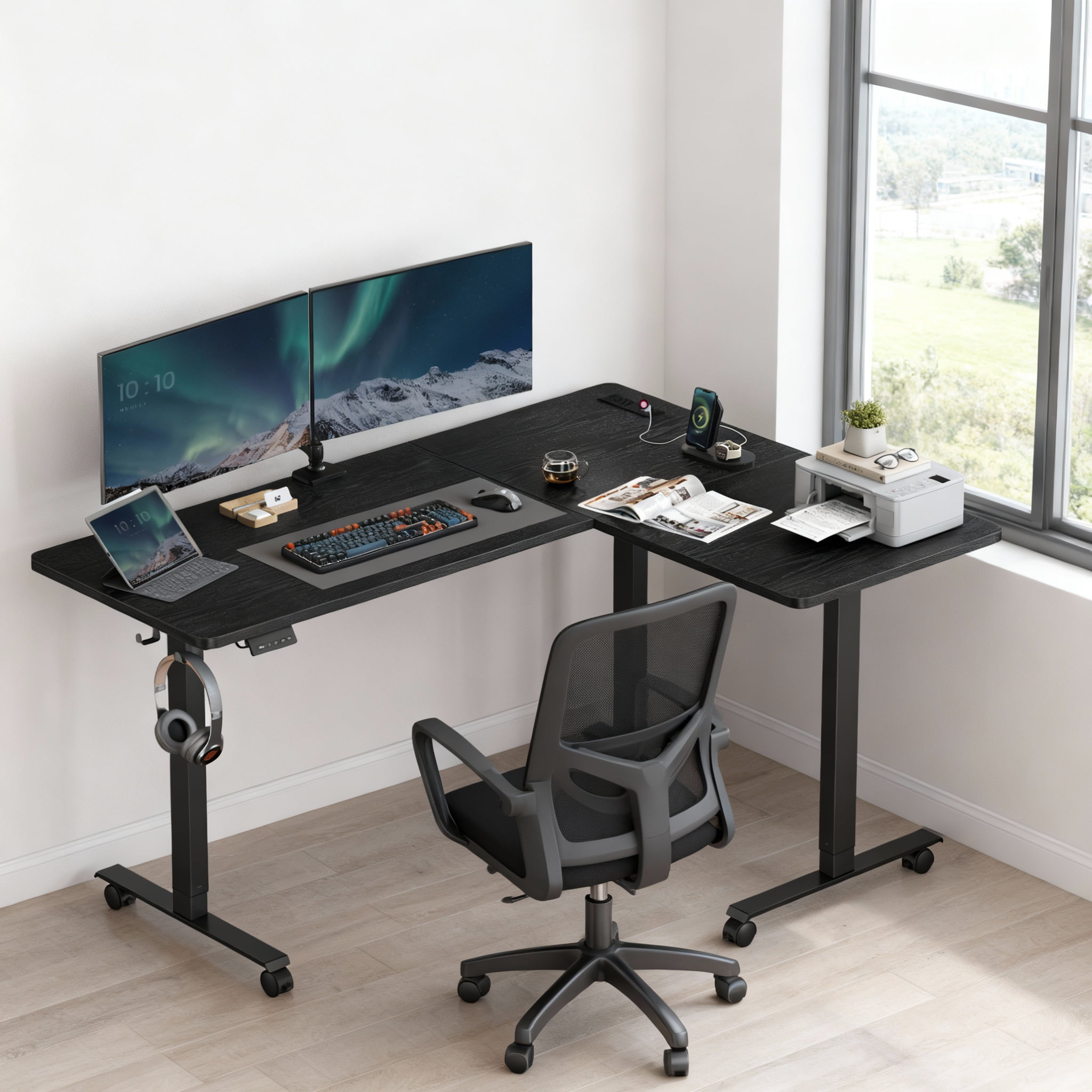LEDREM L-Shaped Electric Standing Desk, 63 x 47.2 Inches Height Adjustable Corner Desk with Power Outlets, 2 Memory Buttons, Home Office Desk, Black