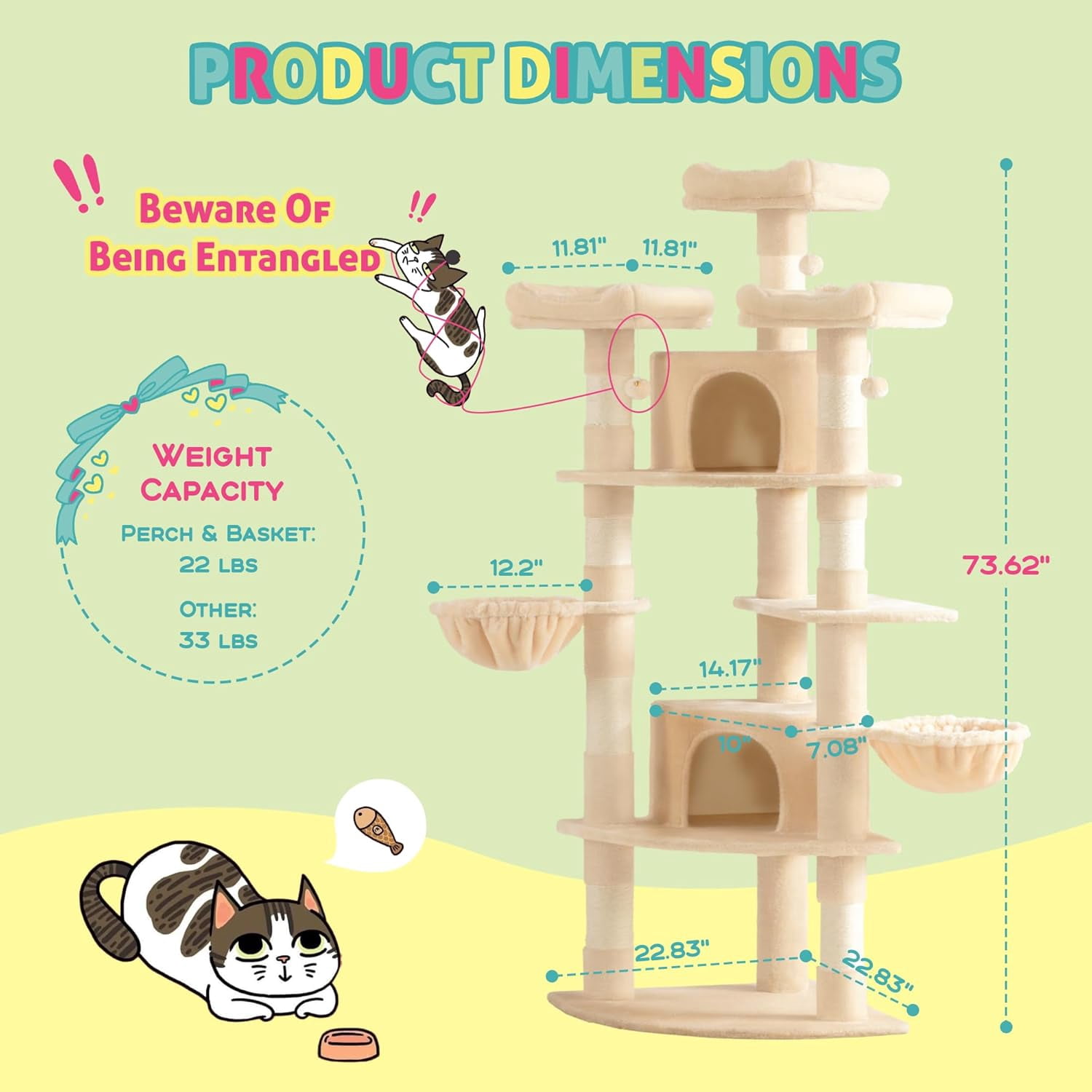 73in Fan-shaped Space-saving Corner Cat Tower/multi-level Tall Tree For Indoor Kitties/cozy Baskets/condos/house/perches/sisal Posts/pet Activity Center/beige