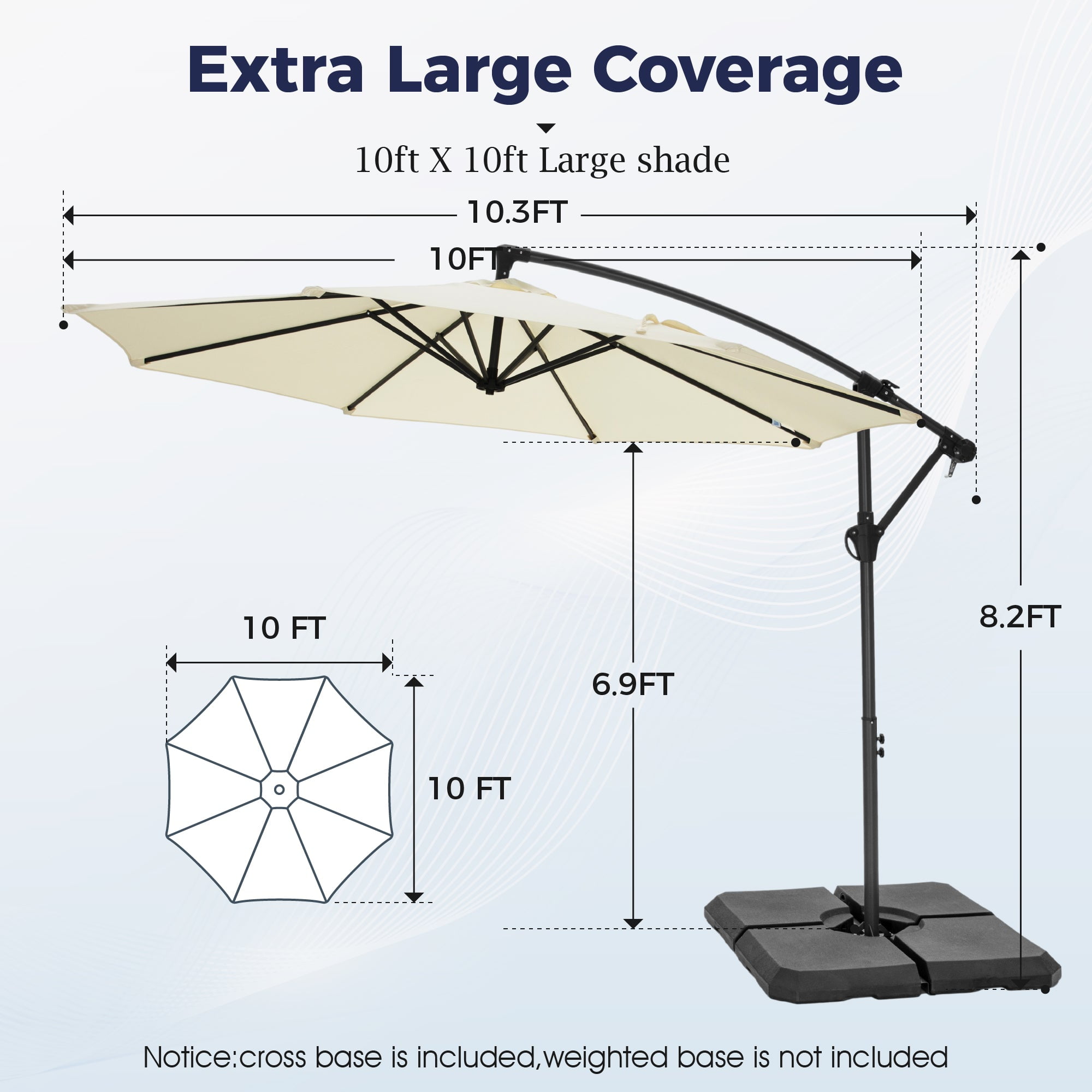 Alpha Joy 10ft Outdoor Patio Offset Market Hanging Umbrella with 8 Steel Ribs & Cross Base(No Weight), Ivory