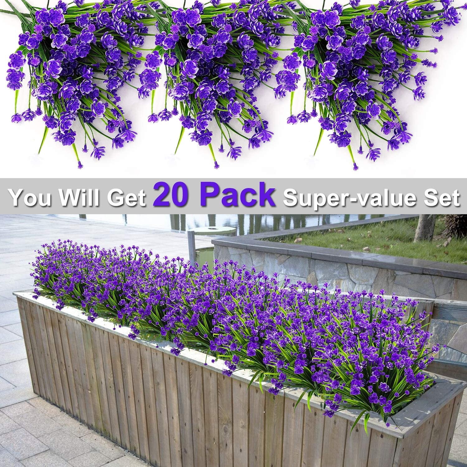 Sinhoon 20 Bundles Artificial Flowers for Outdoor Decoration, UV Resistant Faux Outdoor Plastic Greenery Shrubs Plants Fake Flowers Hanging Planter Home Garden Decor (Purple)
