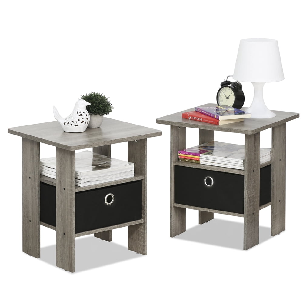 Furinno 2 Petite End Table Bedroom Night Stand - Set of Two, Gray/Black