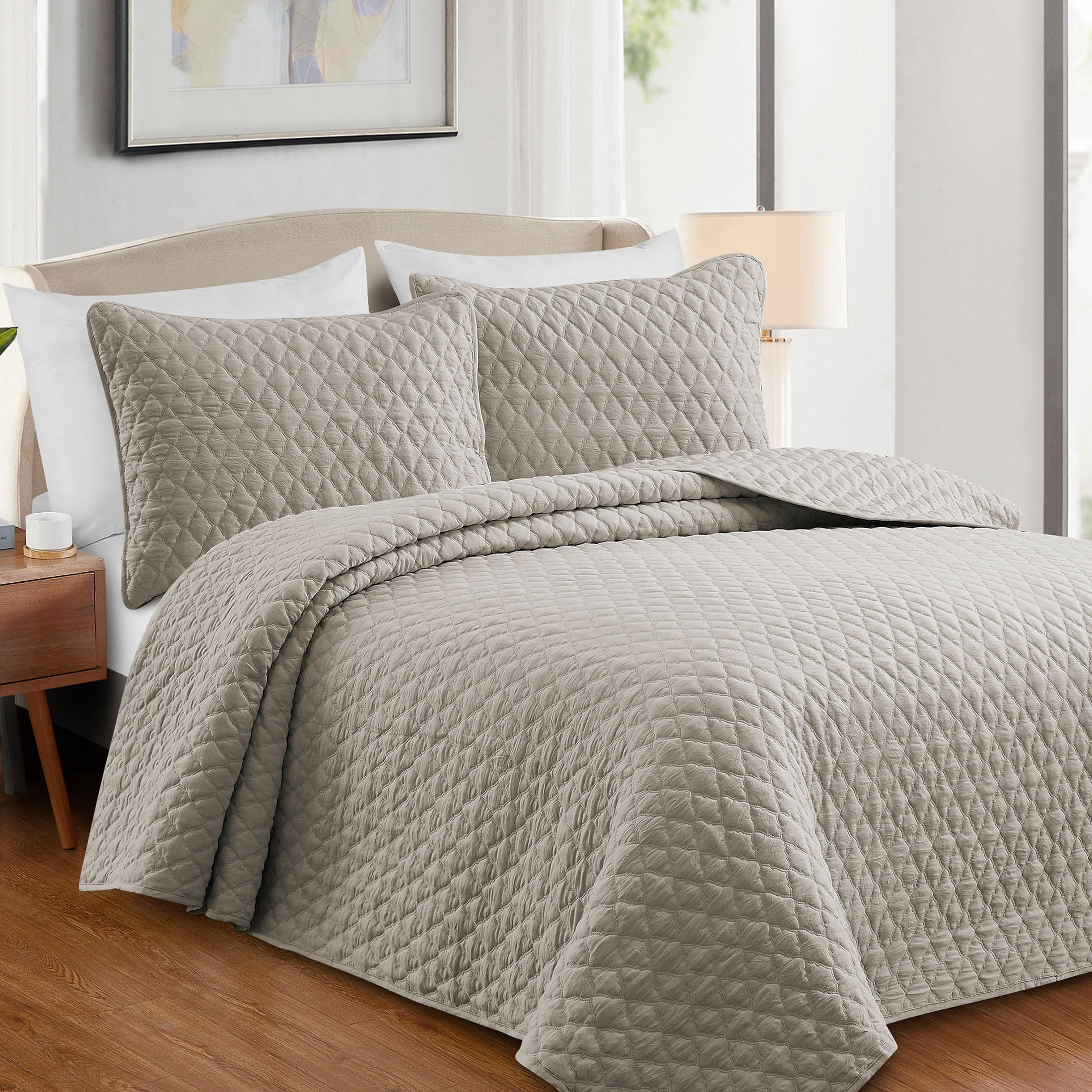 Videri Home Diamond Pattern Queen Quilt Set, All Season Lightweight Bedspread Coverlet, Soft Brushed Microfiber, Machine Washable(Gray, Full/Queen)
