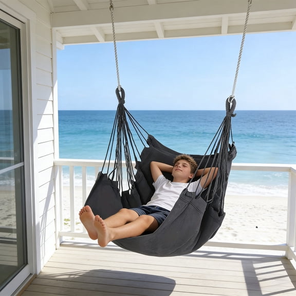 Hammock Chair Hanging Rope Swing with Stable Spreader Bar, Heavy-Duty Canvas, Breathable Support, Comfortable Lounging for Bedroom, Patio, Garden, Camping, Indoor and Outdoor Relaxation