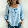 thumbnail image 2 of Linen Tops for Women Bow Tie Front Neck 3/4 Puff Sleeve Casual Blouse Loose Fit Soft Summer Daily Tops by Yigetop Sky Blue XL, 2 of 6