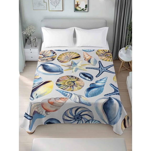 Ocean Coastal Queen Size Flat Sheet, Wrinkleproof & Fadeproof Cooling Flat Bed Sheet Only, Summer Nautical Starfish Conch Shells Breathable Soft Bedding Top Sheets 90 x 102 Inches