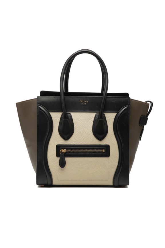 Pre-Owned Celine Luggage Micro Shopper Tricolor Handbag, White, Black, Khaki Leather, Women's...