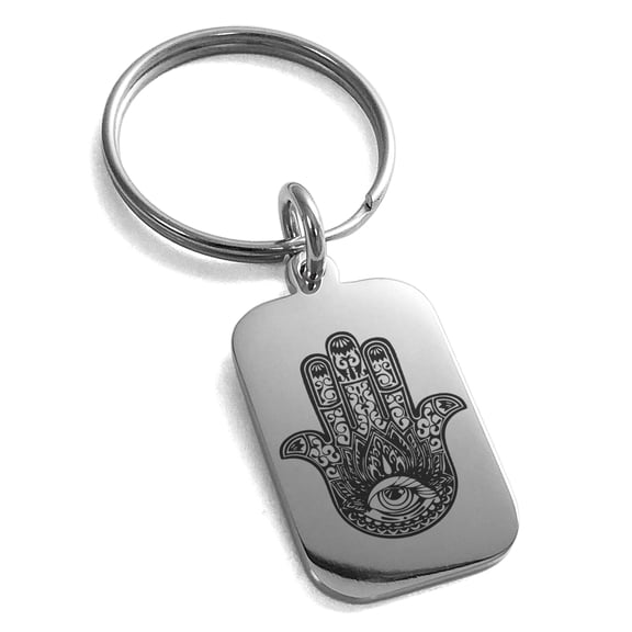 Stainless Steel Lotus Hamsa Hand of Fatima Engraved Small Rectangle Dog Tag Charm Keychain Keyring