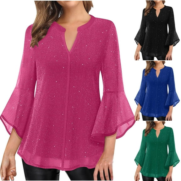 Feancey Women's 3/4 Sleeve Tunic Tops Double Layers Loose Fit Mesh Blouses for Women Dressy Casual Round Neck Pleated Tunics Flowy Elegant Top Black M