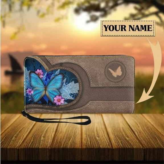 Wristlet Wallets for Women Butterfly with Daisy Print Leather Zipper Card Holder Female Cute Long Purse Clutch My Bags Custom