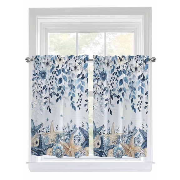 Blue Coastal Starfish Bathroom Window Curtain, Beach Nautical Shell Eucalyptus Ocean Light Filtering Coffee Kitchen Curtains, Bedroom Living Room Curtains 2 Panel 84"x45"