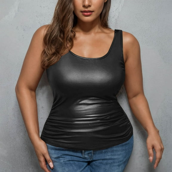 ylioge S-5X Plus Size Tank Tops for Women Sleeveless Crewneck Pu-Leather Vests Womens Trendy Solid Color Stretchy Slim Pullover Party Camisoles Top