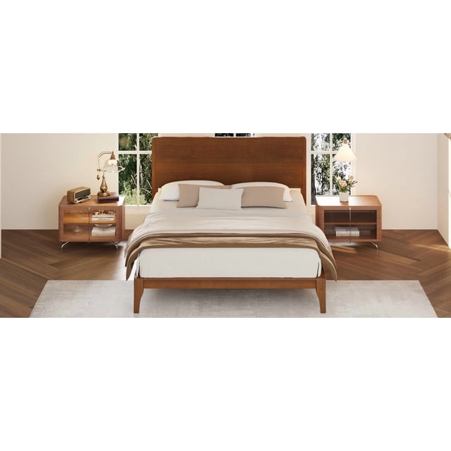 Mid-Century Modern Queen Size 12 Inch Bamboo Wood Platform Bed with Wood Slat Support, No Box Spring Needed, Easy Assembly