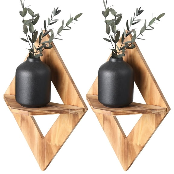 2 Pcs Geometric Wall Hanging Planter - Rhombic Charcoal Wooden Shelf | Bohemian Decorative Flower Pot Rack, Indoor Storage Display Shelves for Plants, Books, Decor