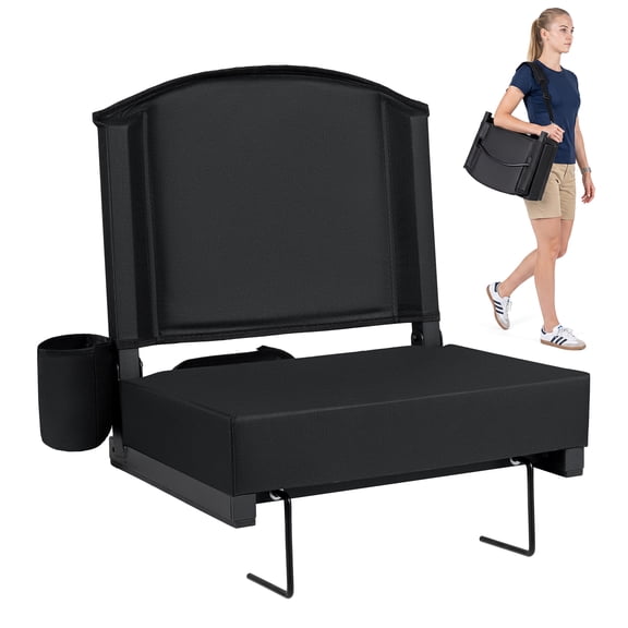 Gymax Stadium Seat w/ Back Support & Cup Holder Thick Padded Cushion for Sports Black