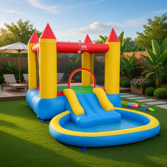 Topcobee Kids Inflatable Bounce House Castle with Slide, Splash Pool, 50 Balls, 142.5" L x 77" W Outdoor Play Center for Ages 3-12, Inflatable Water Slide for Backyard, Blower Not Included