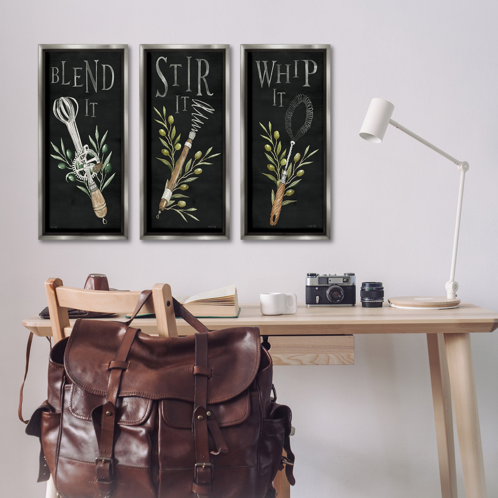 Stupell Industries Kitchen Utensils & Phrases Botanical & Floral Painting Gray Floater Framed Canvas Art Print Wall Art, 11 x 25, Set of 3