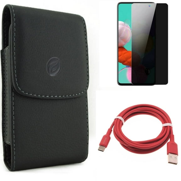6ft USB-C Cable & Case Belt Clip & Privacy Screen Protector for Samsung Galaxy S20 Fan Edition - Red Charger Cord   Leather Holster   Tempered Glass Anti-Spy Combo