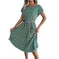 thumbnail image 3 of DYMADE Women Summer Floral Print Elastic Waist Short Sleeve Belted Midi Length A-Line Dress, 3 of 4
