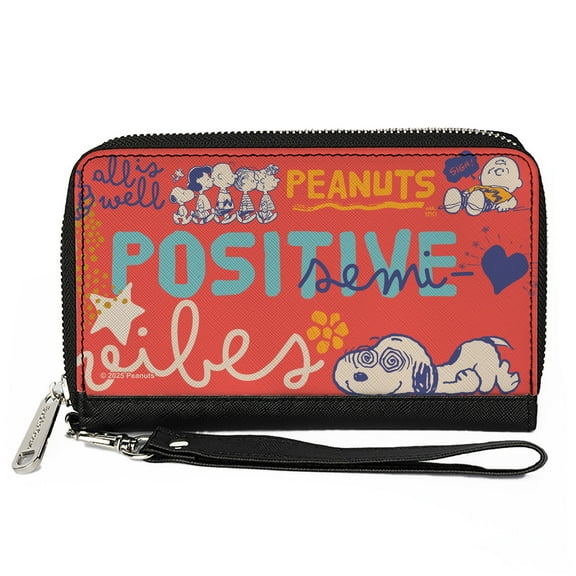 Peanuts Wallet, Zip Around, Peanuts Gang Semi Positive Vibes Poses Red Blues White, Vegan Leather