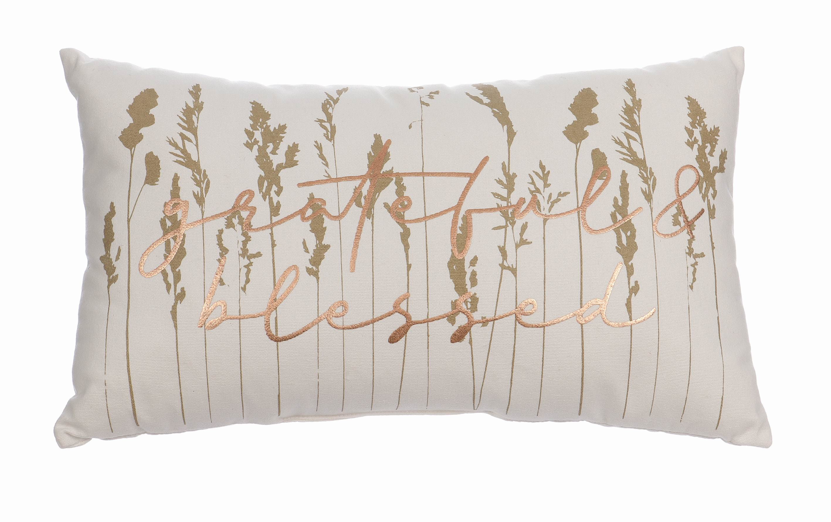 Way To Celebrate Oblong Cream Fabric Decorative Pillow, Grateful & Blessed Words Harvest Decoration, 15''L