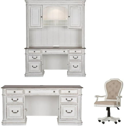3 Piece Credenza Hutch With Executive Desk And Chair In Rustic