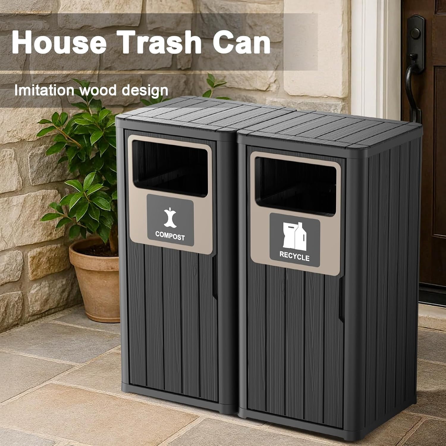 Outdoor Two Barrel Trash Can – Waterproof Resin Garbage Bin with Recycling Labels – Fits 30-39 Gallon Trash Bags, Durable Waste Bin for Porch, Backyard & Kitchen(33.07 * 16.54 * 35.43)