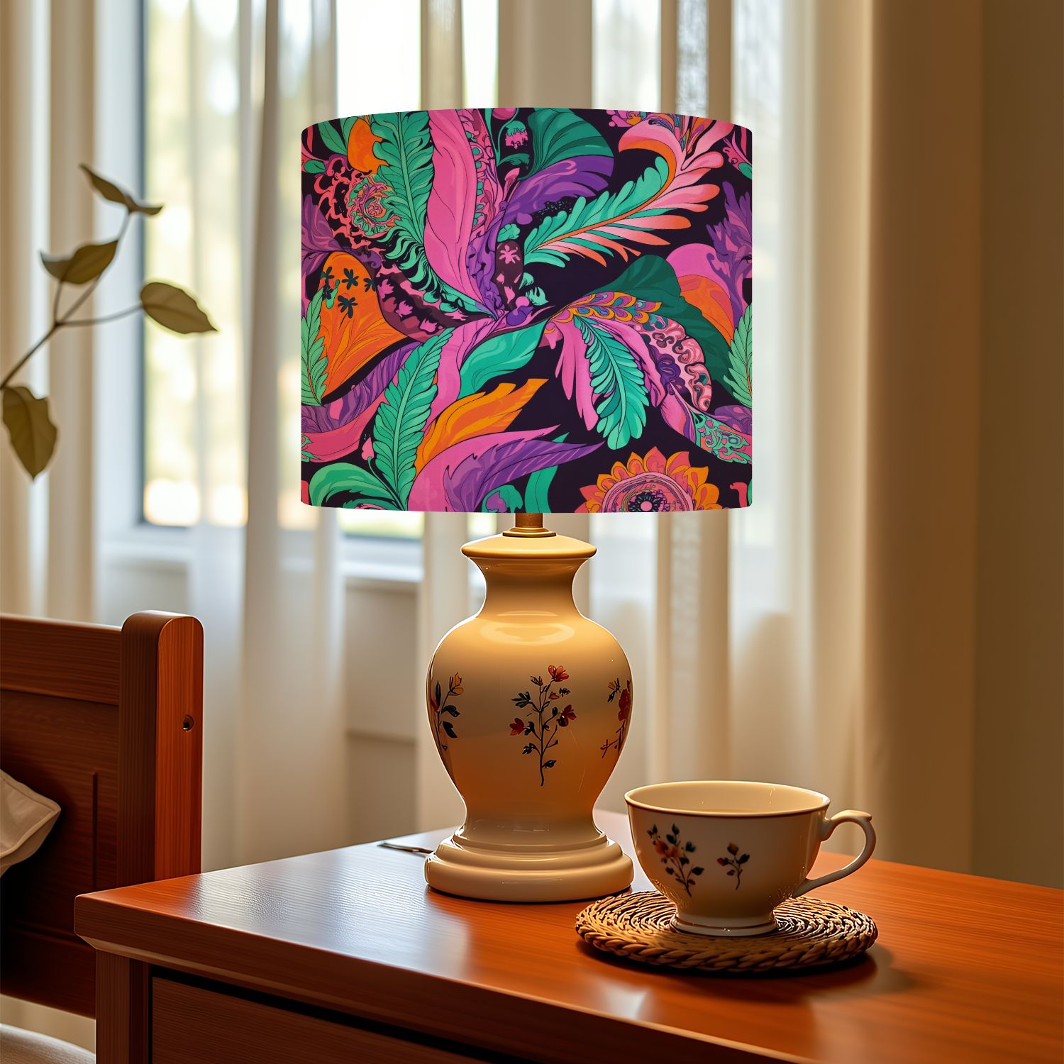 Linen Drum Lampshades Bright colorful seamless floral plants psychedelic vibrant funky 13"x13"x10" Light Shade for Table Lamps Floor Lamps Drum Lamp Shades Lampshade Replacement Assembly Required
