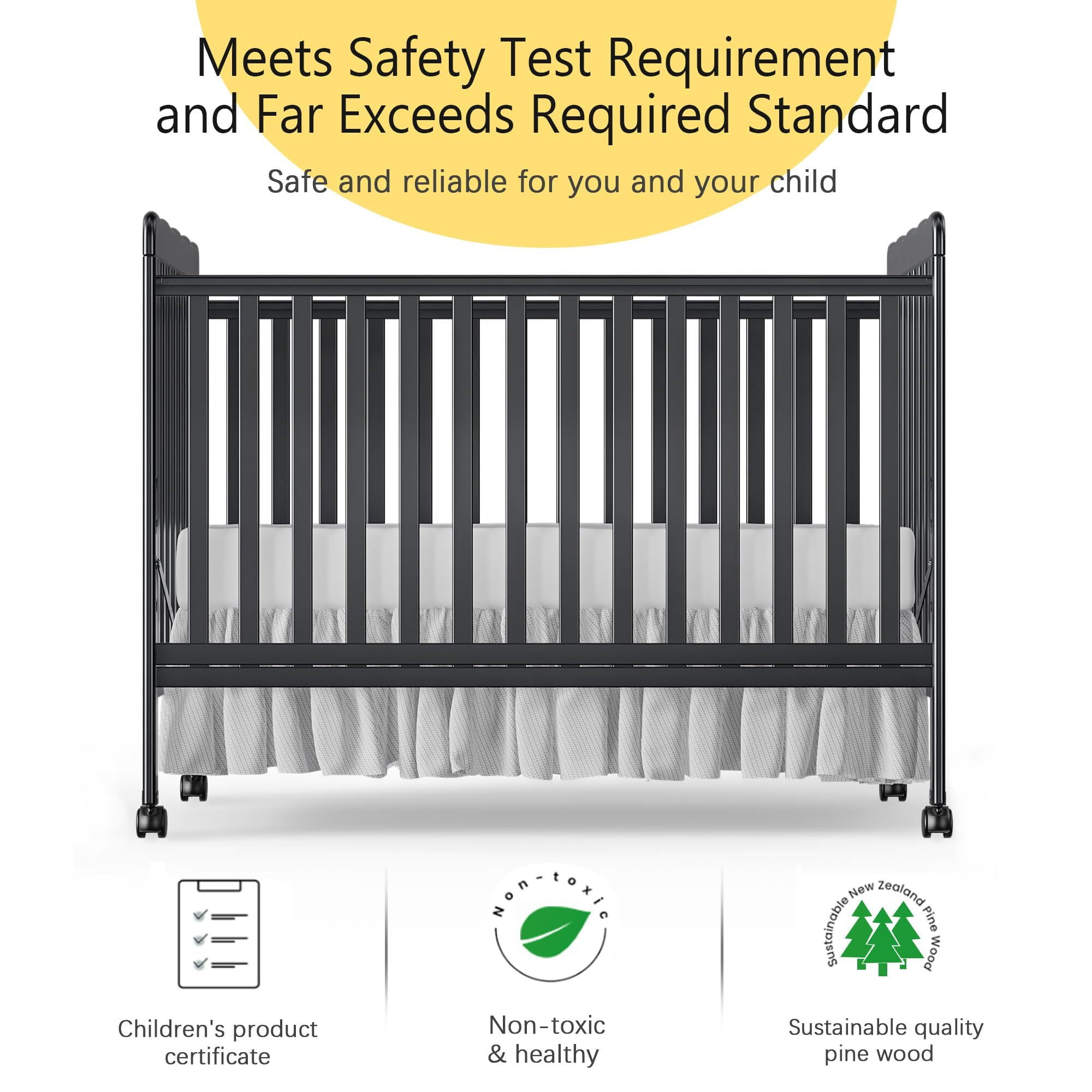 Baby Convertible Crib 3 In 1, Converts from Baby Crib to Toddler Bed, New Zealand Pinewood Baby Bed with Locking Wheels and Teething Rail, Crib with 4 Height Adjustment and Non Toxic Finish, Black