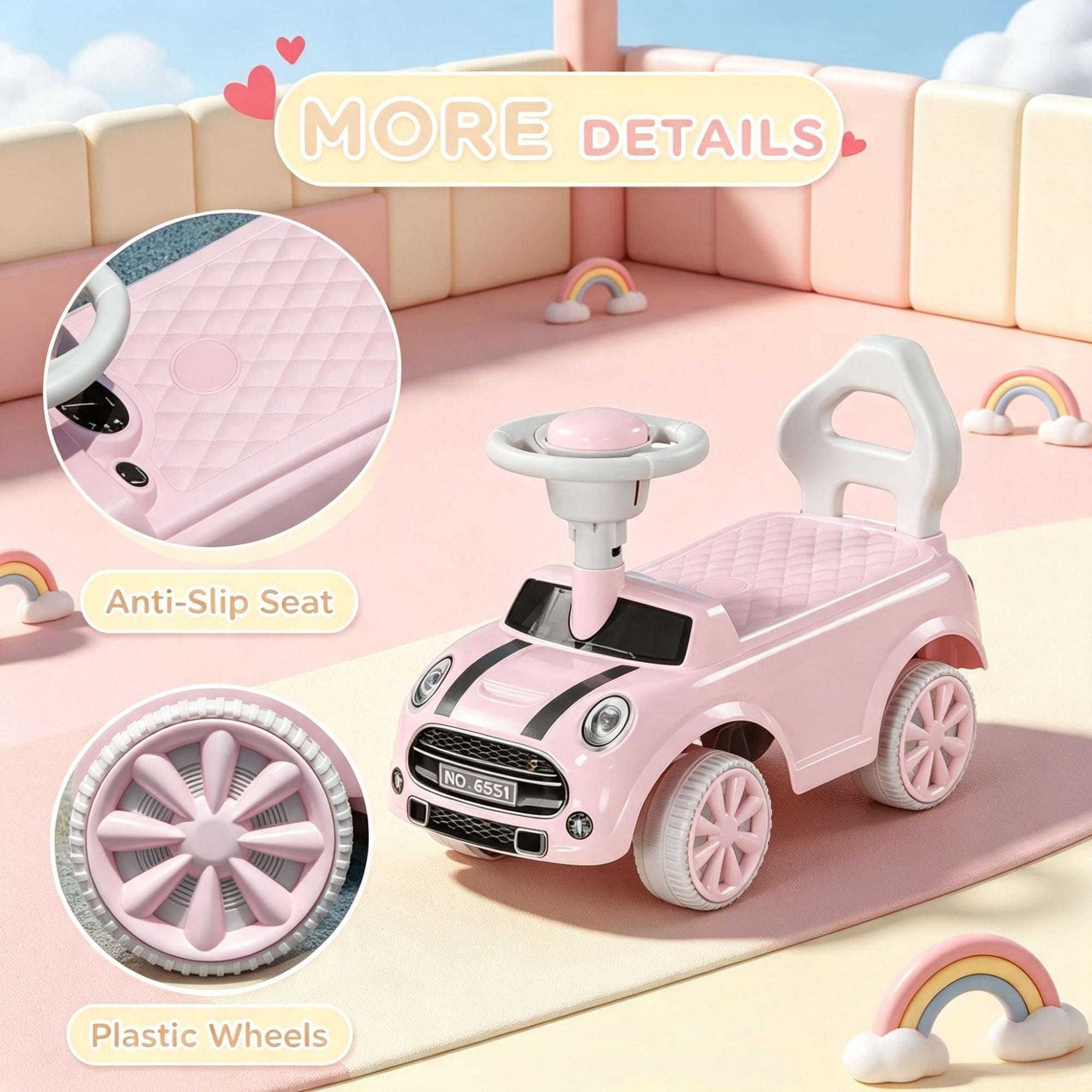 Foot-to-Floor Sliding Car for 18-36 Months, Pink Toddler Ride-On Toy with Horn & Anti-Over-Backwards Safety