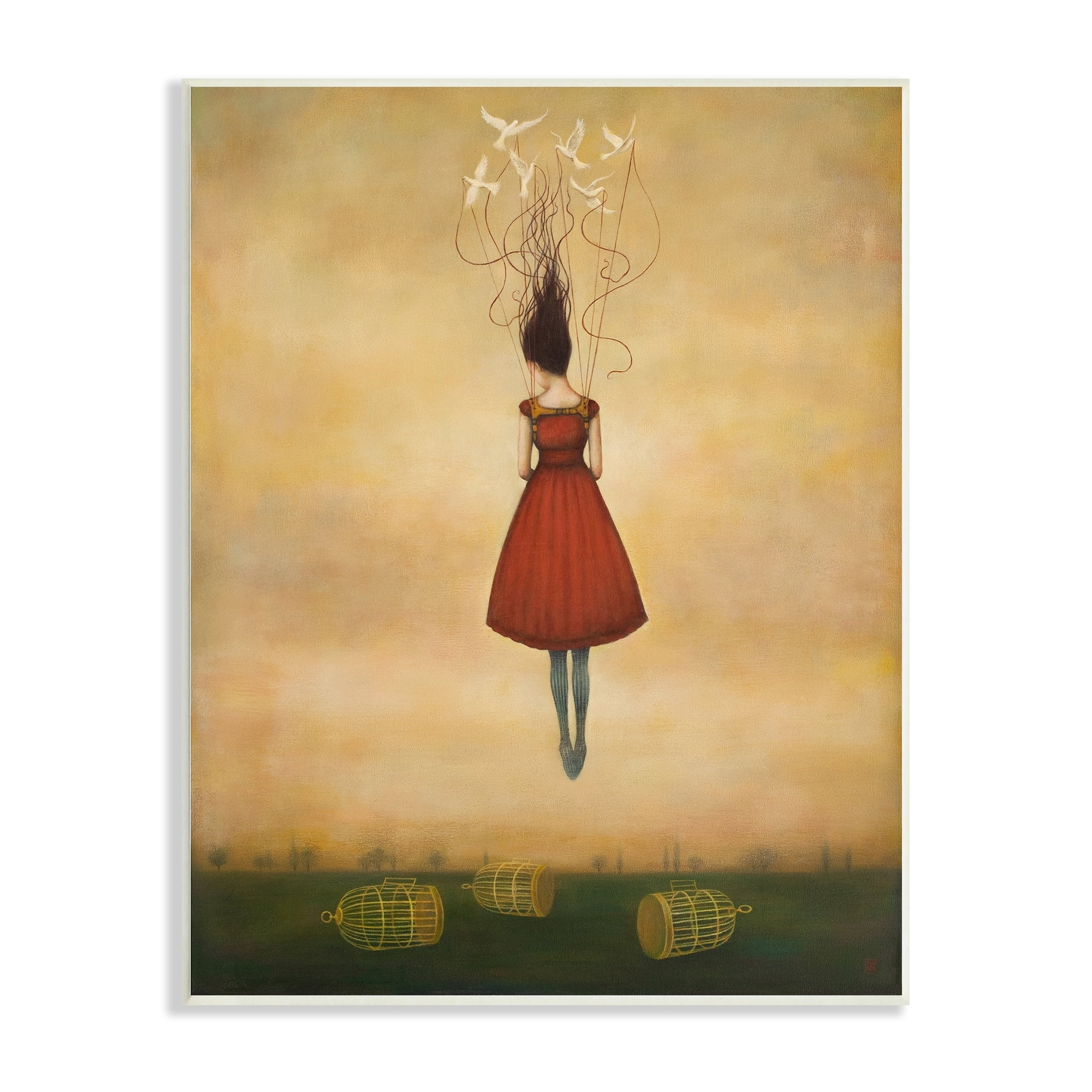 Stupell Industries Woman Floating Birdcage Doves Red Dress Surreal Design Wood Wall Art, 10 x 15, Design by Anna Dittman