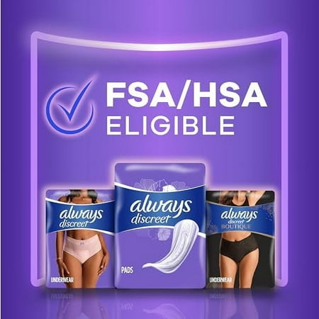 Always Discreet Adult Incontinence Pads for Women, Heavy Absorbency, Long Length, Postpartum Pads, 64 CT