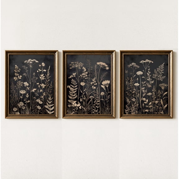 Moody Botanical Vintage Rustic Dark Floral Illustration Set 3 Unframed Paper Print 8x12