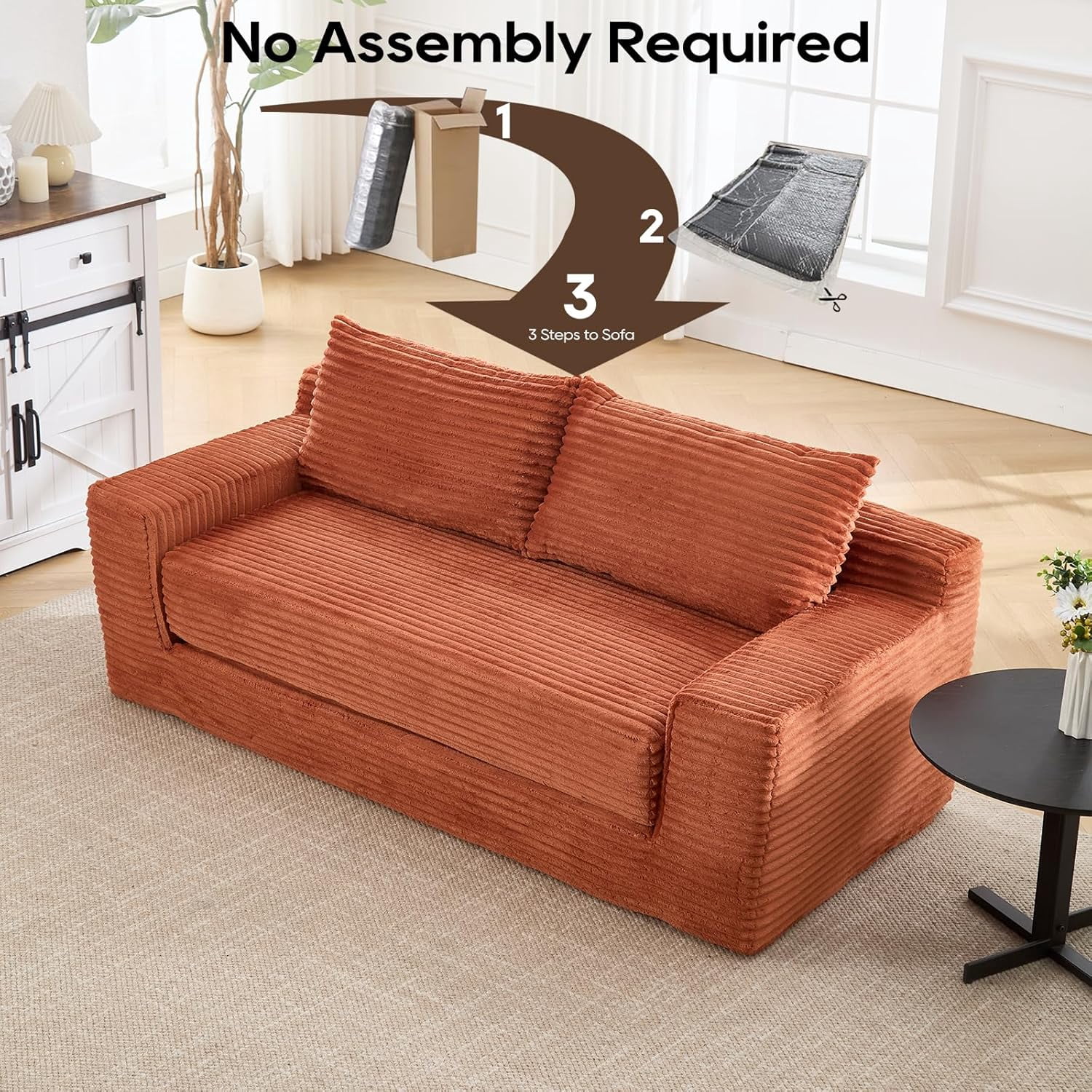 70.87" W Cloud Lounge Memory Foam Corduroy Convertible Folding and No Assembly Loveseat Sofa Bed,Orange