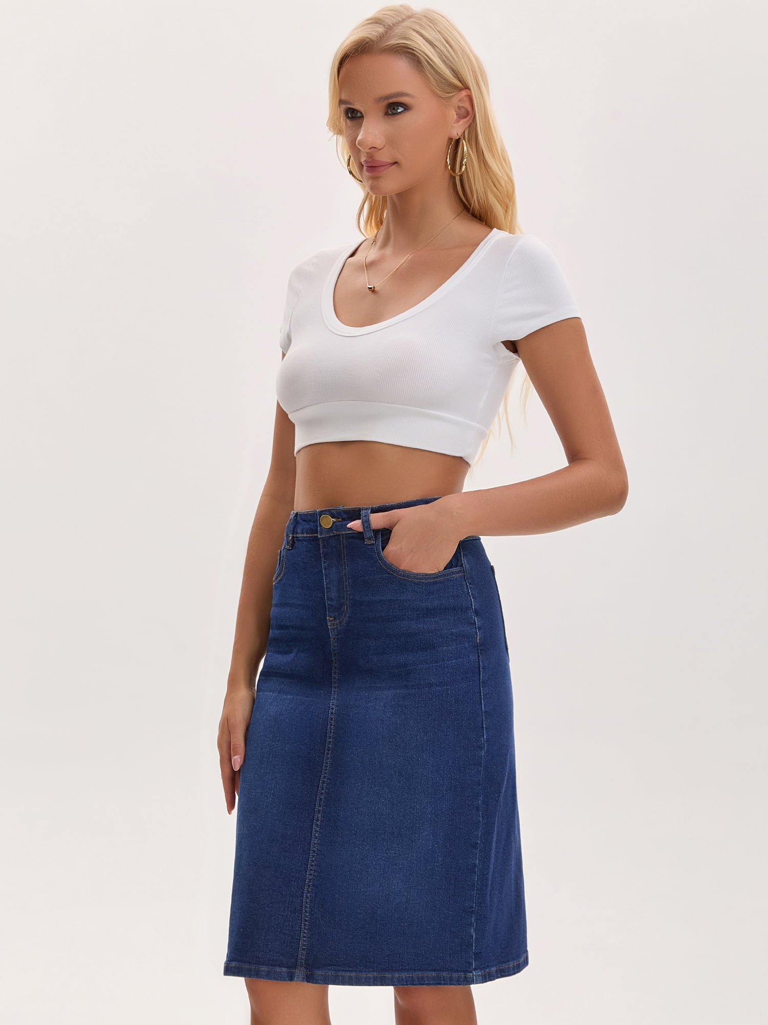 DARING DIVA Women's Jean Back Slit Stretch Below Knee Length Denim Skirts M Dark Blue