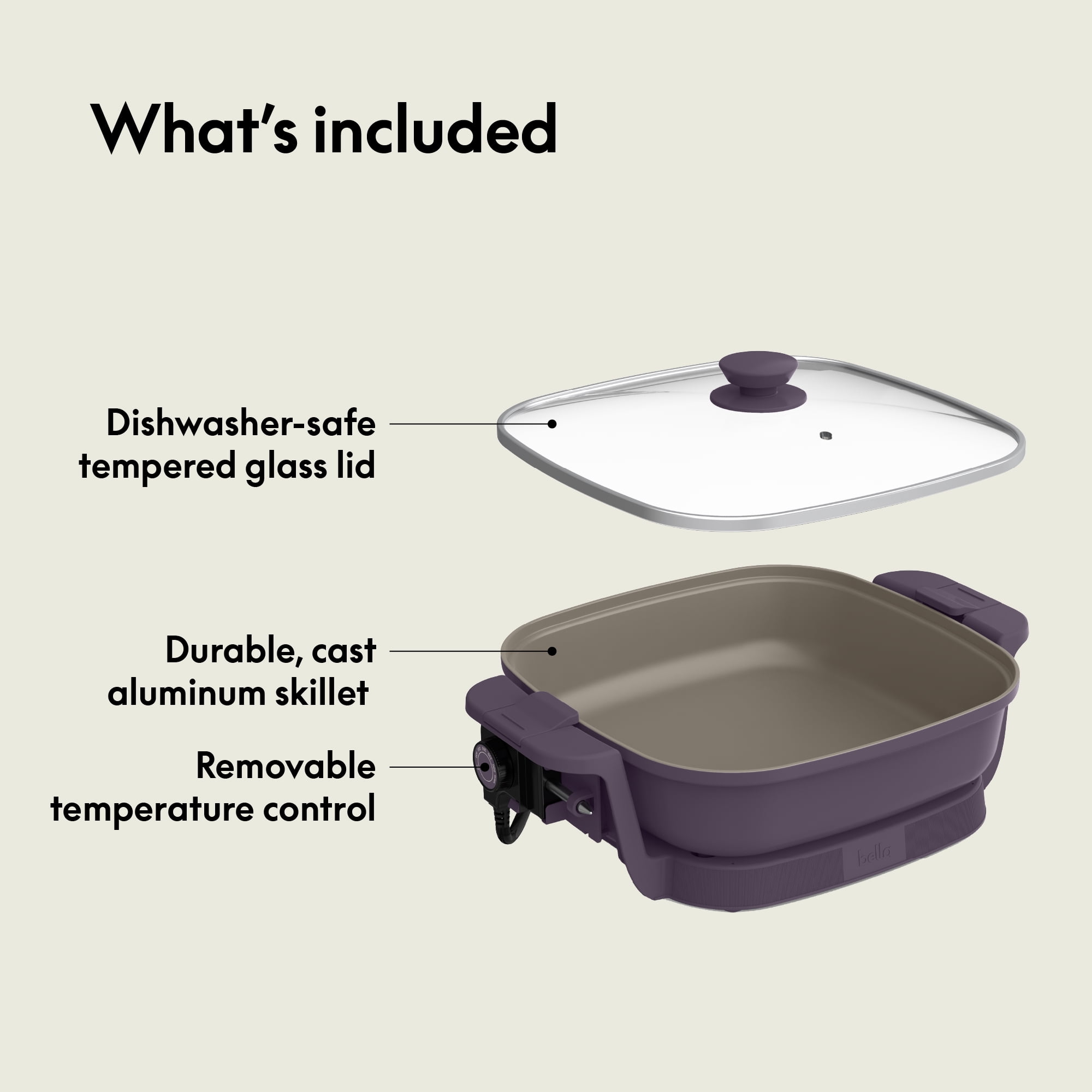 bella 12" Make & Take Electric Skillet with EverGood™ Ceramic Nonstick Coating, Adjustable Temperature, Dishwasher-Safe Glass Lid, Plum