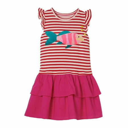 

ZRBYWB Girls Dresses Summer Fish Print Striped T Shirt Double Skirt Crewneck Small Flying Sleeves Casual Out For 2 To 7 Years Baby Girl Clothes