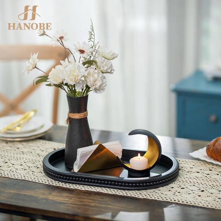 Hanobe Beaded Decorative Candle Holder Tray, Black Oval photo 5