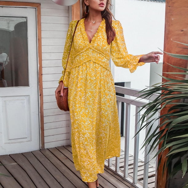 Long Dresses for Women UK Elegant Floral Ruffle Sexy V Neck Long Sleeve Dress Cuff Sleeve Ankle Length Casual Loose Maxi Dress Autumn Ladies Dresess Size 8-14 - Walmart Business Supplies Long Dresses for Women UK Elegant Floral Ruffle Sexy V Neck Long Sleeve Dress Cuff Sleeve Ankle Length Casual Loose Maxi Dress Autumn Ladies Dresess Size 8-14 - Walmart Business Supplies