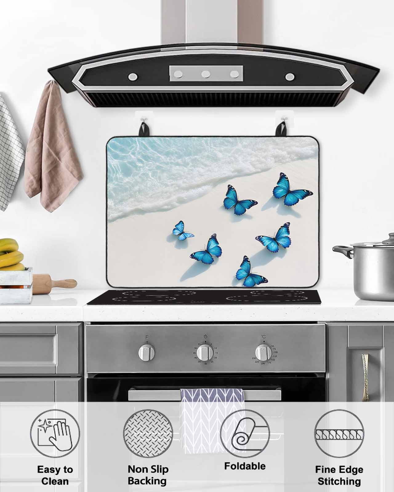 nqOlkjepod Large Induction Cooktop Protector Mat 24"x21", Blue Butterfly Coastal Stove Top Covers for Electric Stove, Summer Beach Ocean Nautical Stove Burner Cover Mats, Glass Top Stove Cover
