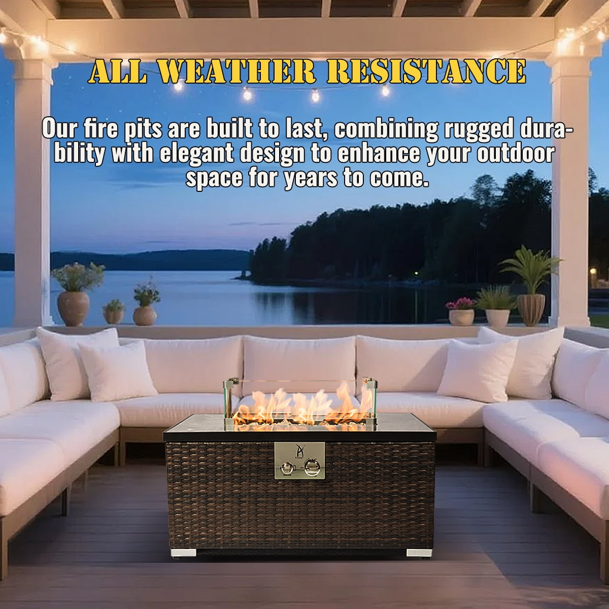 AJ Enjoy 32'' Propane Fire Pit Table, Marble Textured Ceramic Tabletop, 50,000 BTU Fire Table with Brown Wicker, Mix Color Glass Rocks, Including Lid&Cover