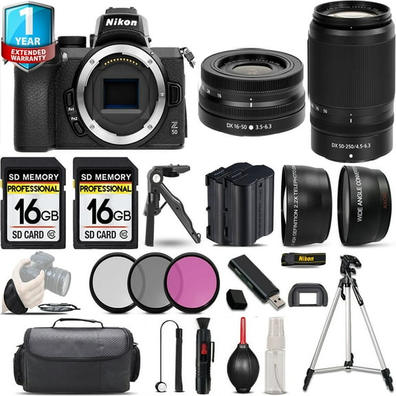 Nikon Z50 Mirrorless Camera with 50-250mm f/4.5-6.3 VR Lens   16-50mm Lens   3 PC Filter Set   32GB- Kit (International Version)