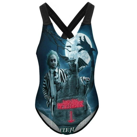 Girls Beetlejuice One Piece Swimsuits Cross Back Bathing Suits Beach Swimwear