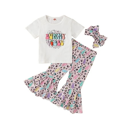 

Imcute Easter Toddler Baby Girl Clothes Bunny Print Short Sleeve Tops Flare Pants Headband 3pcs Set