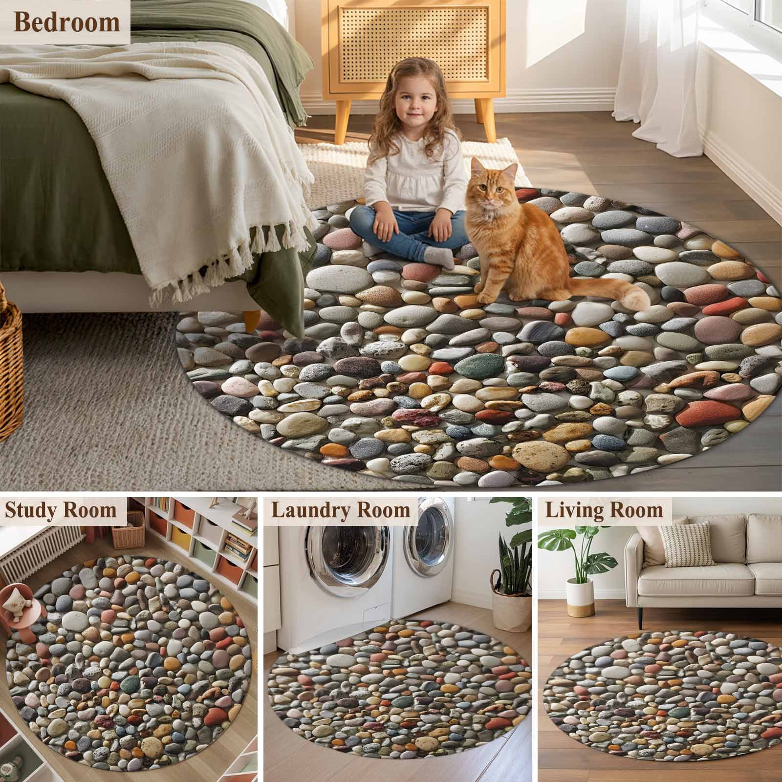 Round Area Rugs Collection 6 Ft, Colorful Stones Non-Slip Residential Carpet, Farmhouse Stones Modern Art Indoor Crawling Mats Runner Rugs for Living Room/Dining Room/Bedroom