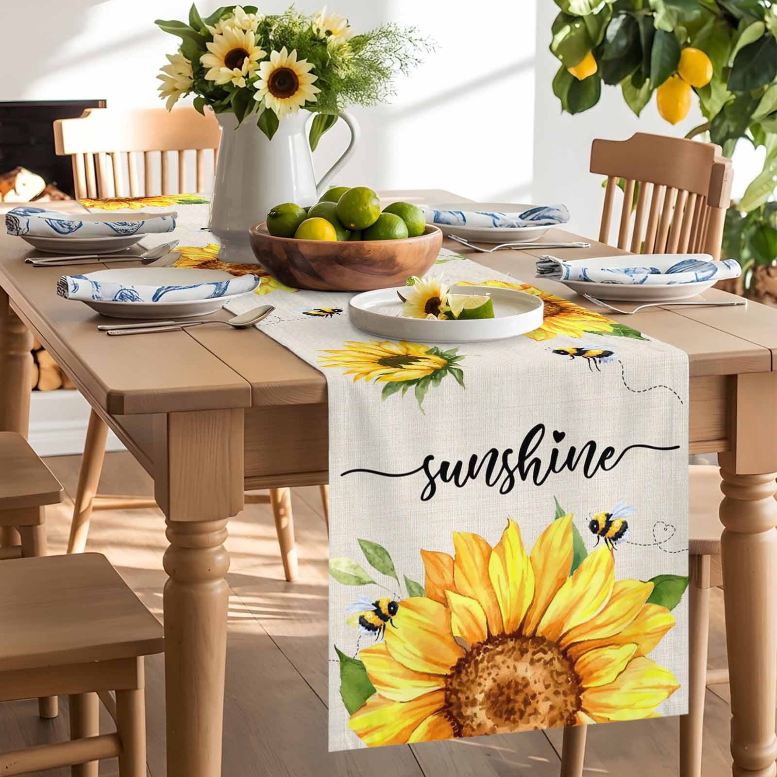 Sunflower Bee Leaves on Linen Table Runner 90 Inches Long, Summer Sunshine Quote Table Runners Tabletop Scarf Kitchen Dining Tables Decoration for Home Party Indoor Outdoor