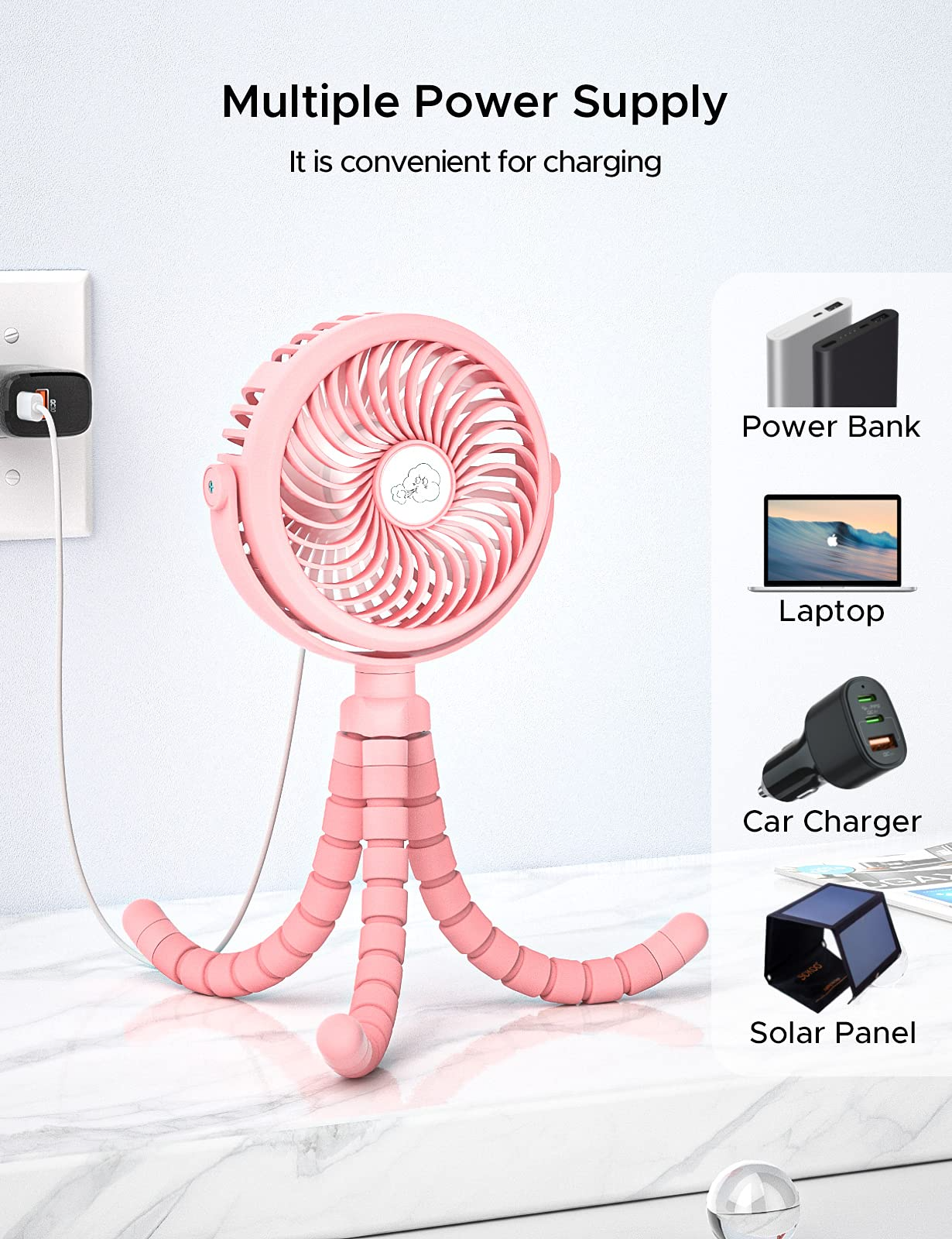 Rechargeable Battery Operated Small Fan, Portable Hand Held Personal Fan for Stand Desktop Bedroom or Clip On Baby Stroller Camping Tent with Flexible & Windable Tripod, 3-Speed & LED Light - image 4 of 7