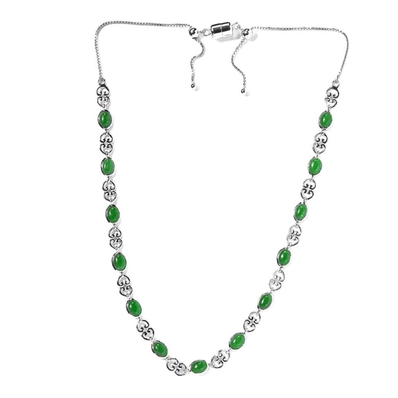 Green Jade Gemstone Silver Necklace | 925 Sterling Silver Oval Necklace | Handmade Dotted Necklace | Valentine's Day Gift.