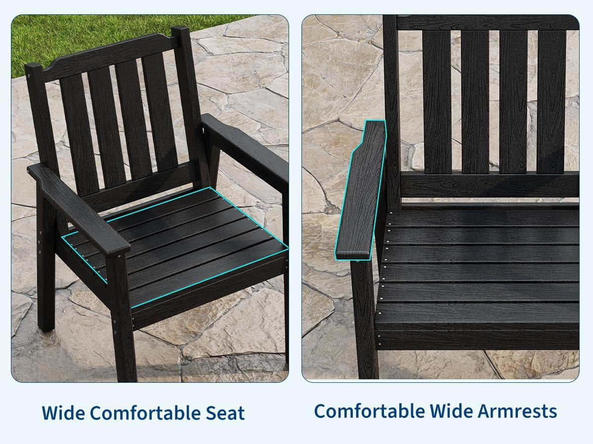 EliteEdge Set of 2 23.9" Wide HDPE Patio Dining Chairs, 650LBS Capacity All-Weather Armchairs with Slatted Seat, Heavy Duty Modern for Garden, Poolside, Deck,Black