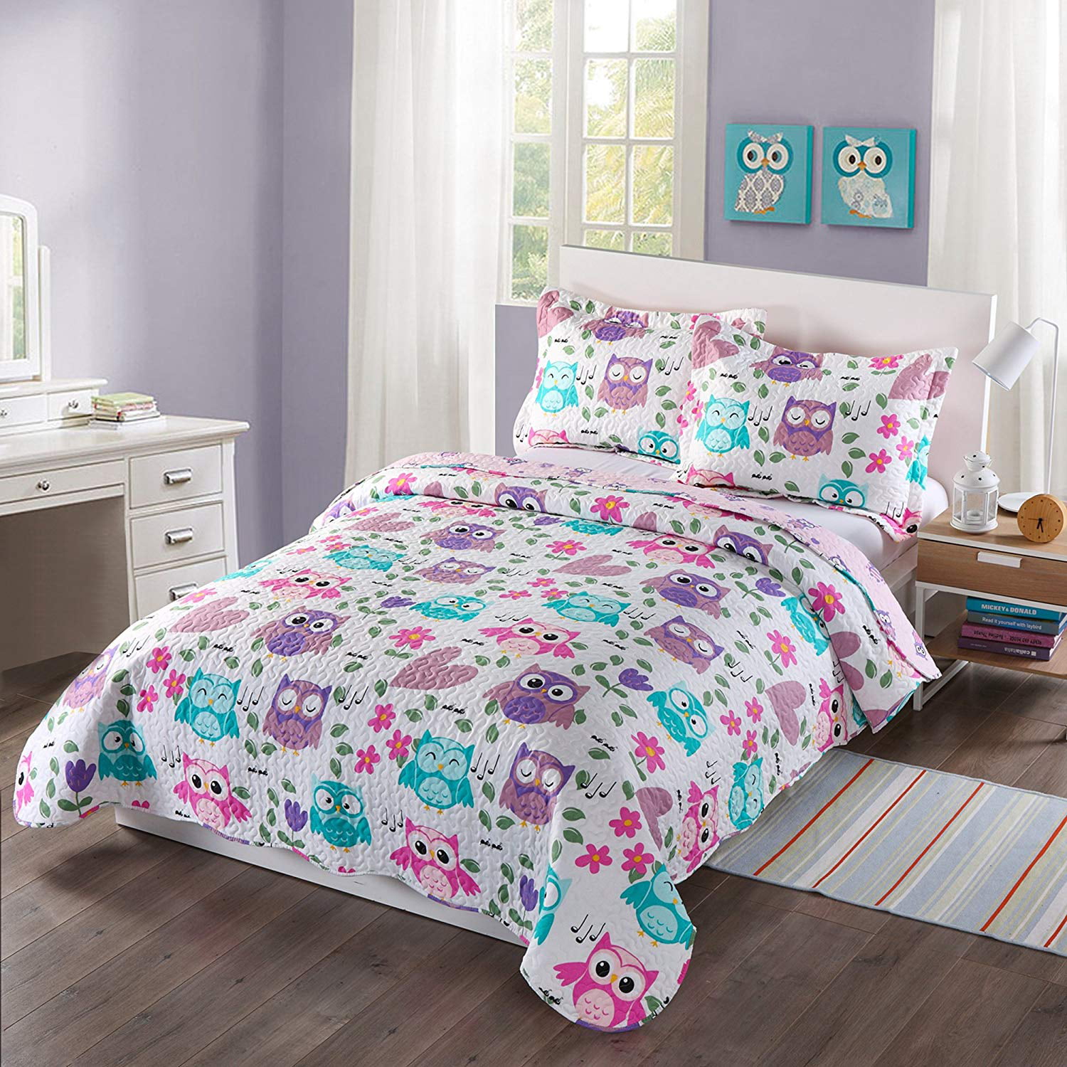 Full Size Purple Floral Striped Full MarCielo 3 Piece Kids Bedspread Quilts Set Throw Blanket for Teens Girls Bed Printed Bedding Coverlet