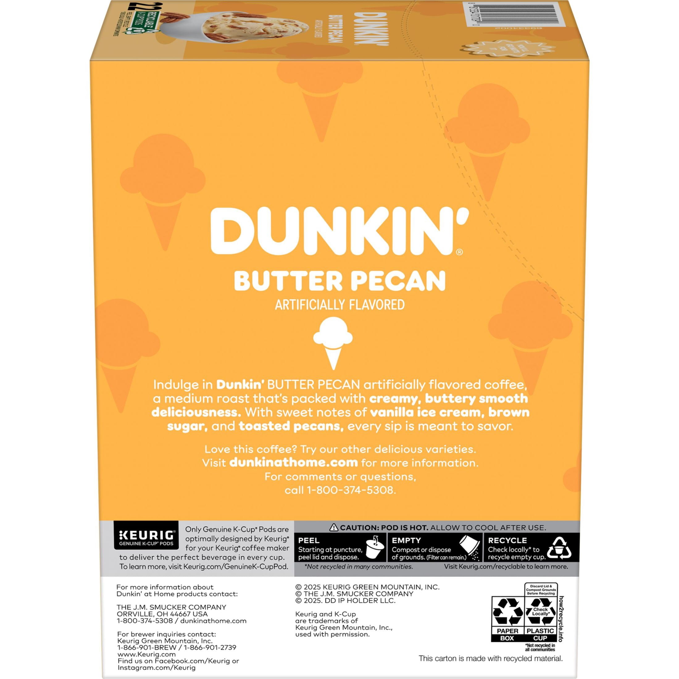 Dunkin’ Butter Pecan Artificially Flavored Coffee, Keurig K Cup Pods, 22 Count box